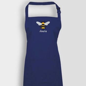 Personalised Embroidered Bee Apron In Navy Blue, 4 of 5