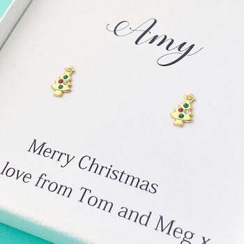 Personalised Sterling Silver Gold Plated Christmas Tree Stud Earrings With Jewels, 3 of 4