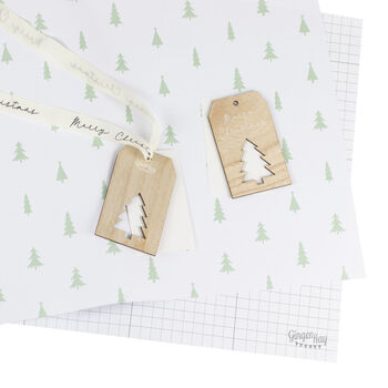 Tree Print Wrap With Wooden Tag And Christmas Ribbon, 2 of 2