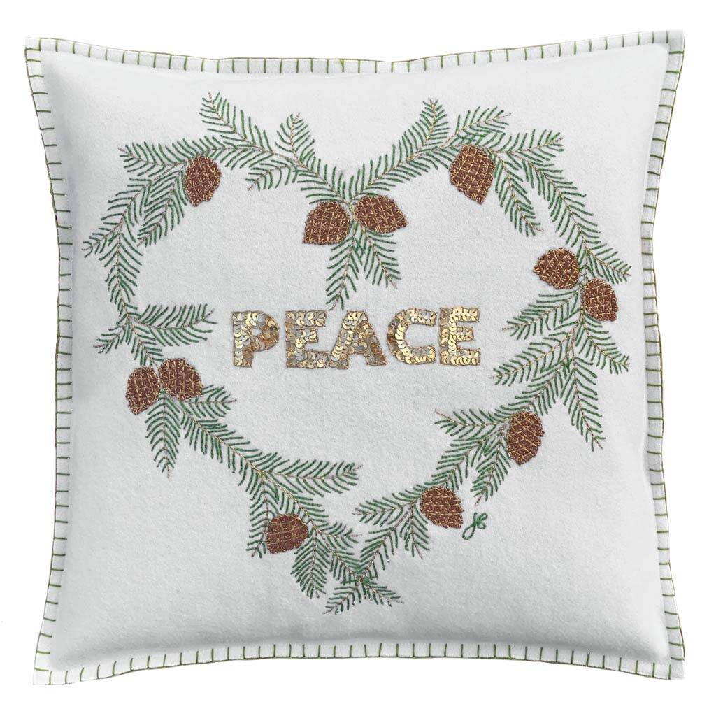 Christmas Cushion With Wreath And Peace In Gold Sequins