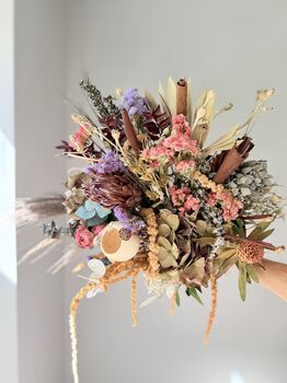 Hydrangea Pastel Bouquet With Eucalyptus Bark Sticks And Protea, 4 of 7