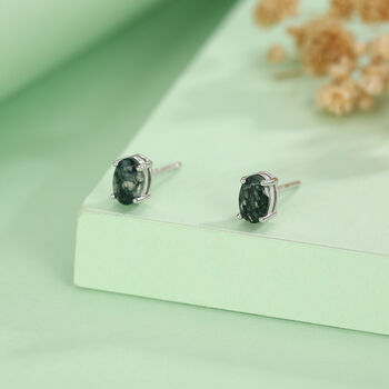 Sterling Silver Moss Agate 4x6mm Oval Stud Earrings, 3 of 11