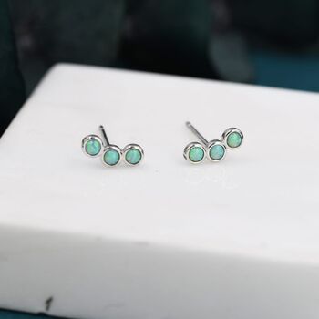 Sterling Silver Tiny Green Opal Trio Stud Earrings, 2 of 11