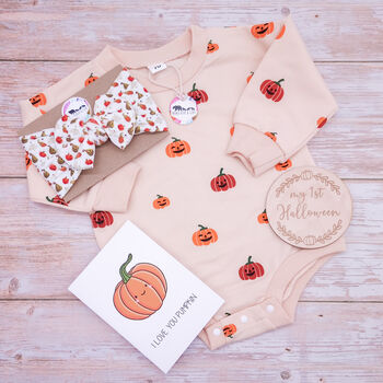 Girls Pumpkin Halloween Romper And Pumpkin Bow, 3 of 3