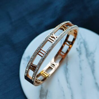 18ct Rose Gold Zircon Roman Number Cuff Bracelet, 5 of 5