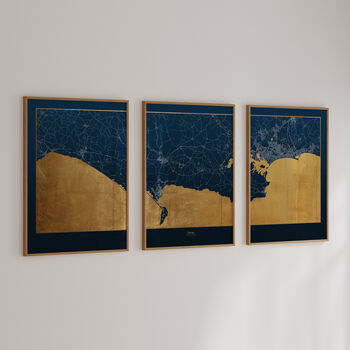 Personalised Triptych Map Prints With Metallic Leaf, 2 of 4