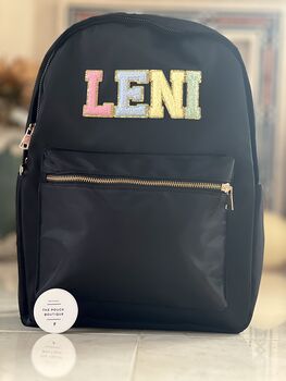 Personalised Nylon Backpack With Patch Letters And Motifs With Gold Outline, 7 of 12
