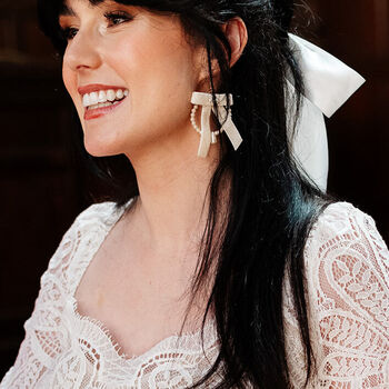 Ivory Pearl And Velvet Bow Bridal Hoop Earrings, 2 of 9