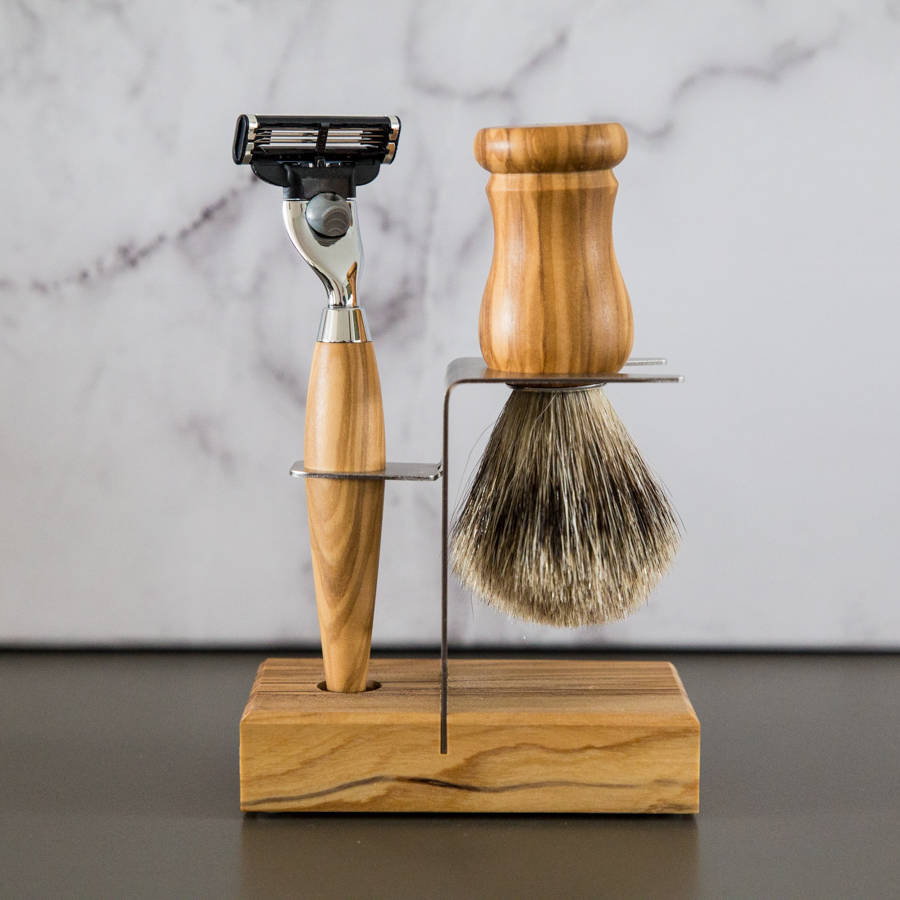 olive wood shaving set with stand by ginger rose