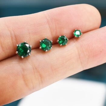 Emerald Green Cz Stud Earrings In Sterling Silver, 7 of 12