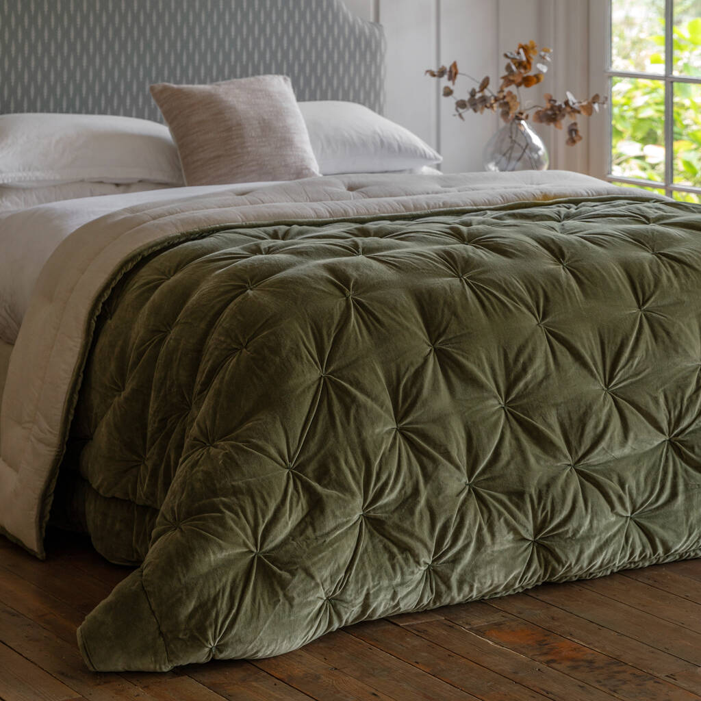 Olive Green Pintucked Velvet Bedspread, 1 of 3
