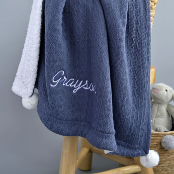 Personalised Knitted Grey Blue Baby Blanket, 8 of 11