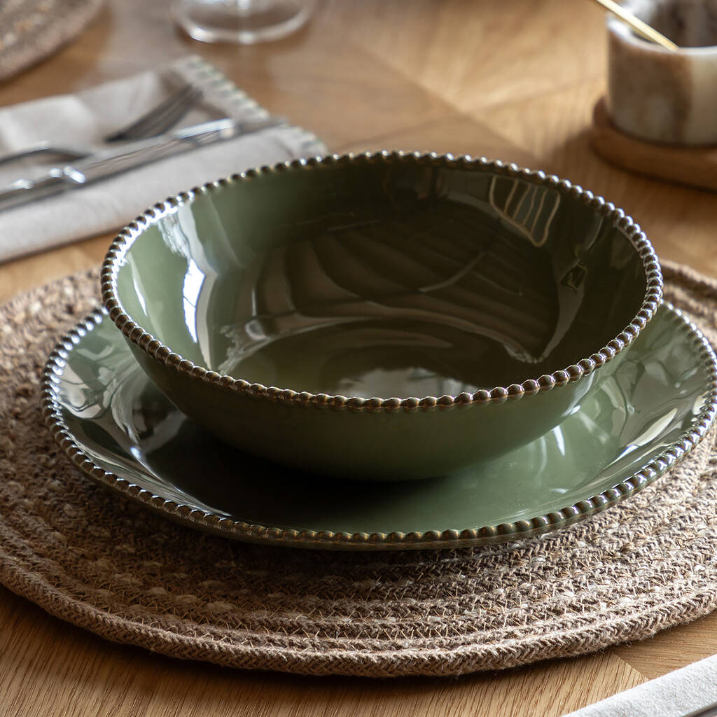 Olive Green Porcelain Beaded Pasta Bowls, 1 of 4