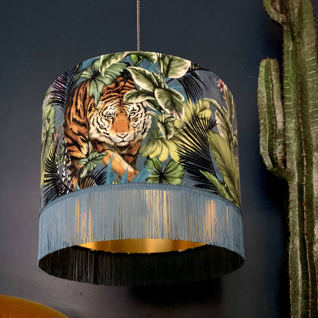 Big Cat Flint Lampshades With Gold Lining And Fringing, 1 of 7