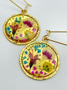 Gold Dangle Earrings With Real Pink Flowers, 3 of 10