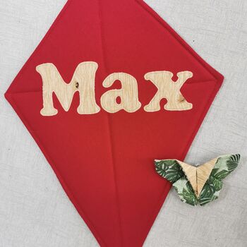 Kite Wall Hanging, Woodland Theme Bedroom, Whimsical Autumnal Nursery Decor, Red Brown Orange Green Yellow Door Name Sign, Child's Playroom, 9 of 12