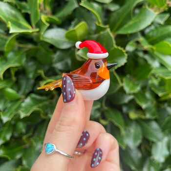 Hand Blown Tiny Glass Robin In Santa Hat, 2 of 5