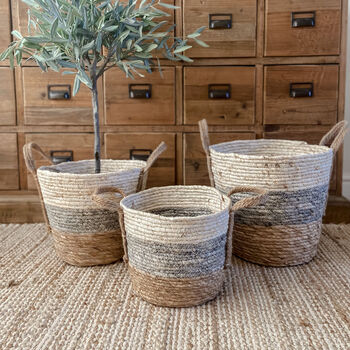Cream, Grey And Neutral Jute Basket With Handles, 2 of 4