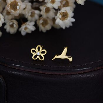 Mismatched Hummingbird And Flower Stud Earrings, 2 of 12