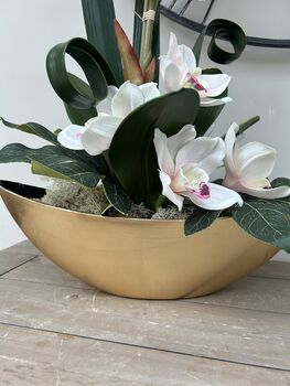 Large Pink Cymbidium Orchid In Gold Bowl, 4 of 8