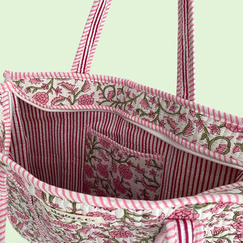Pink And Green Ditsy Floral Quilted Cotton Tote Bag, 3 of 4