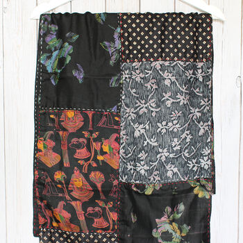 Black Kantha Stitch Handmade Recycled Silk Scarf, 3 of 3