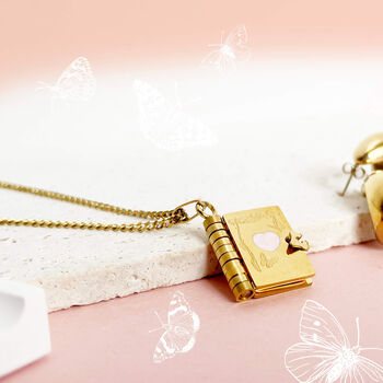 Personalised Butterfly Pink Heart Book Necklace Engraved With Message, 2 of 12