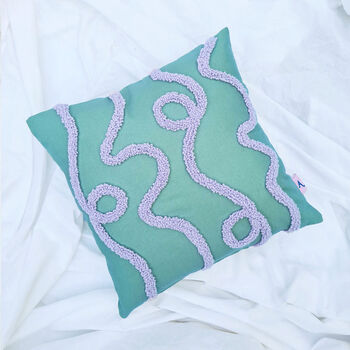 Mint And Lilac Punch Needle Tufted Handmade Cushion, 2 of 4