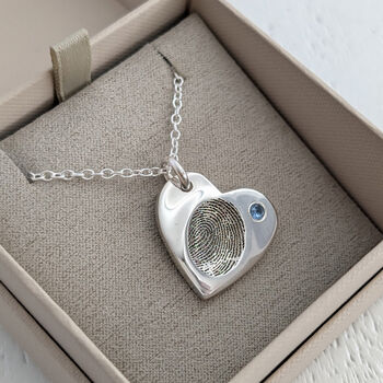 Silver Fingerprint Impression Heart Pendant With Birthstone, 2 of 7