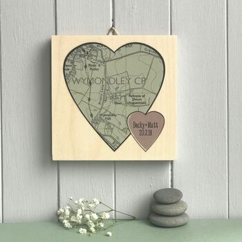 Double Painted Heart Shaped Map Print On Wood, 3 of 10