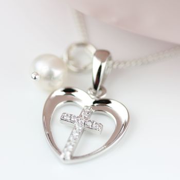 Personalised Child's Christening Cross In Heart Pendant, 2 of 4