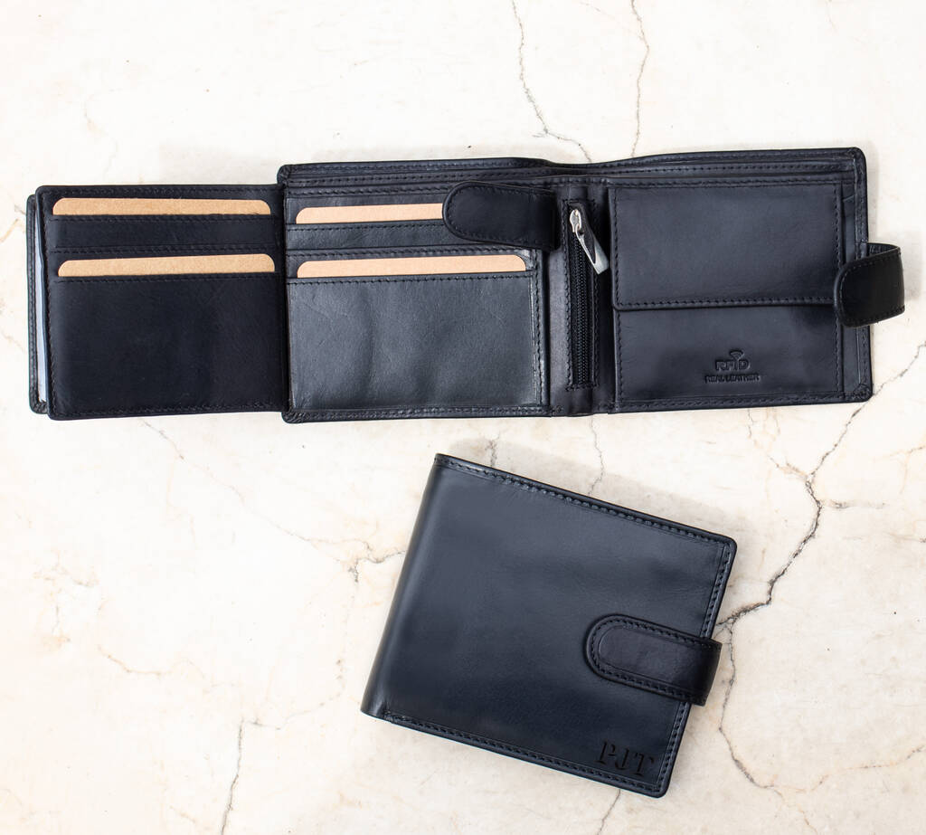 Personalised Black Leather Wallet Trifold Rfid, 1 of 7