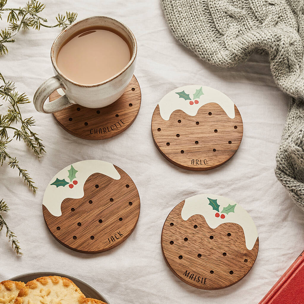 Personalised Wooden Christmas Pudding Coaster Set, 1 of 4