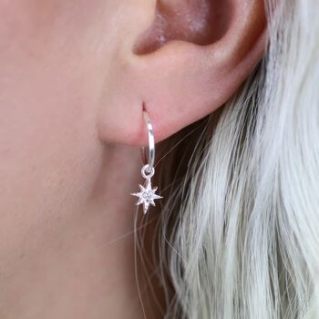 Sterling Silver Star Charm Half Hoop Earrings, 2 of 6