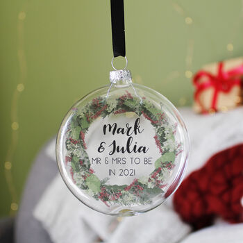 Mr And Mrs To Be Wreath Glass Christmas Bauble, 7 of 7