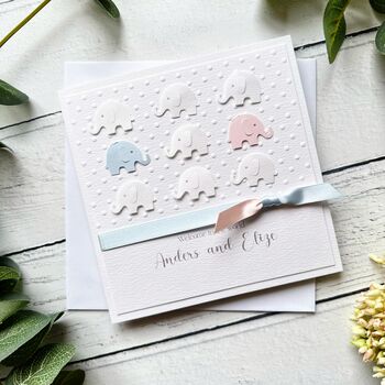 Handmade New Baby Card. Elephant Theme. Multiples Twins/Triplets, 3 of 12