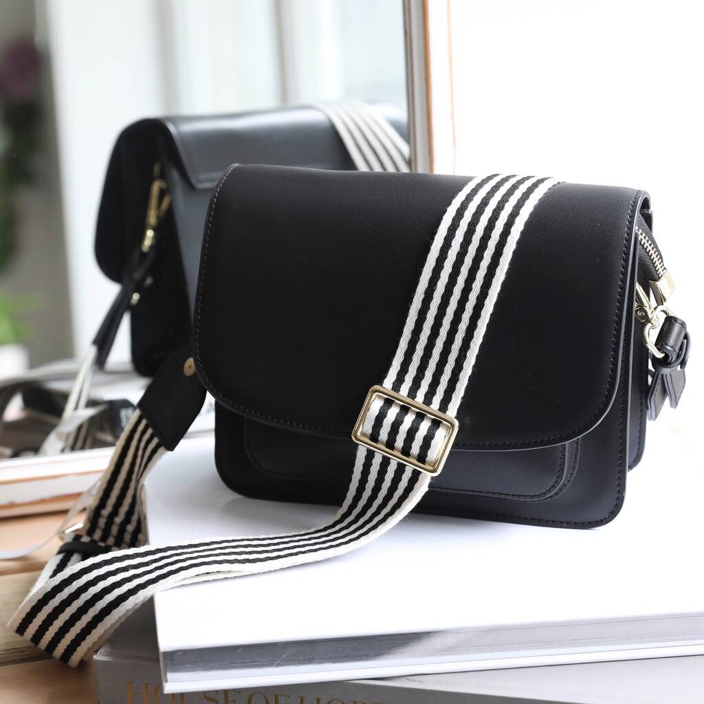Black Leather Saddle Bag With Striped Strap By Lisa Angel