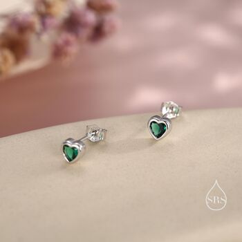 Tiny Emerald Green Cz Heart Stud Earrings, 4 of 12