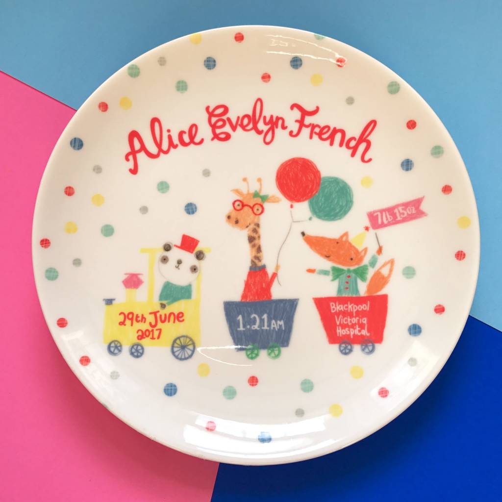 personalised train baby birth plate by ethel and co