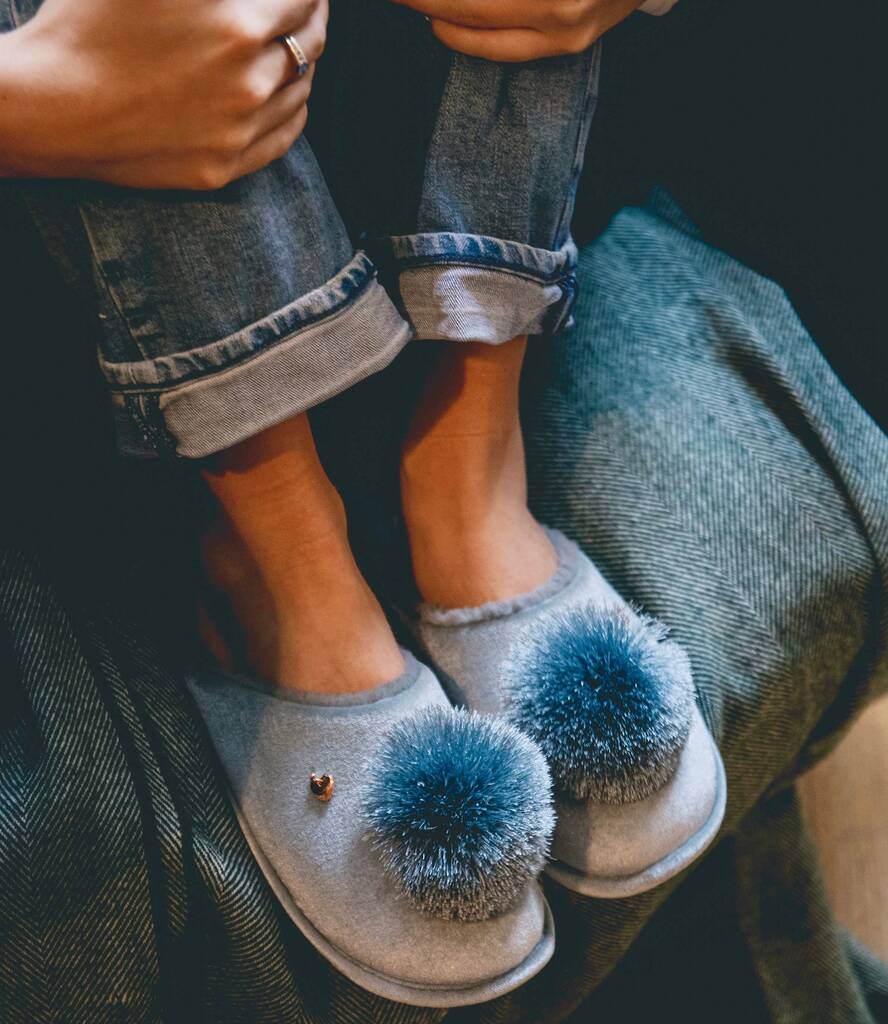 Personalised Soft Blue Pom Pom Slippers, 1 of 3