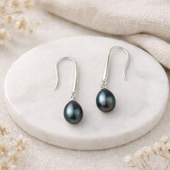Sterling Silver Black Freshwater Pearl Drop Earrings – 8mm, 3 of 7