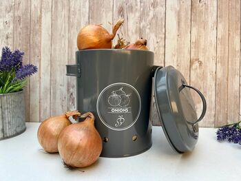 Grey Metal Onion Storage Tin – Breathable Container, 6 of 7