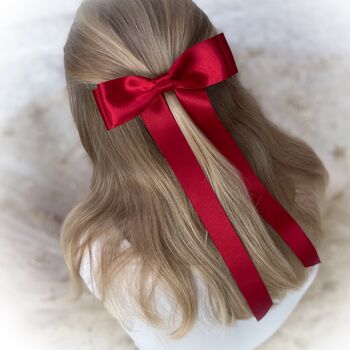 Girls Christmas Red Hair Bow Barrette In Satin, 2 of 5