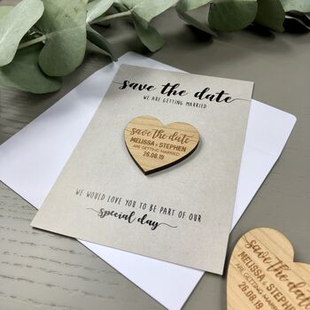 Save The Date Heart Wooden Magnet Wedding Invitation, 6 of 9