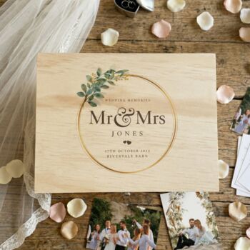 Personalised Wooden Wedding Foliage Wreath Keepsake Memory Box, 2 of 10