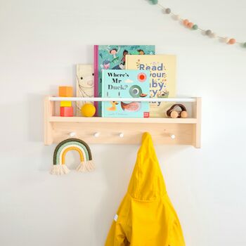 Nursery Shelf With Rail And Pegs For Nursery Wall Decor, 2 of 11