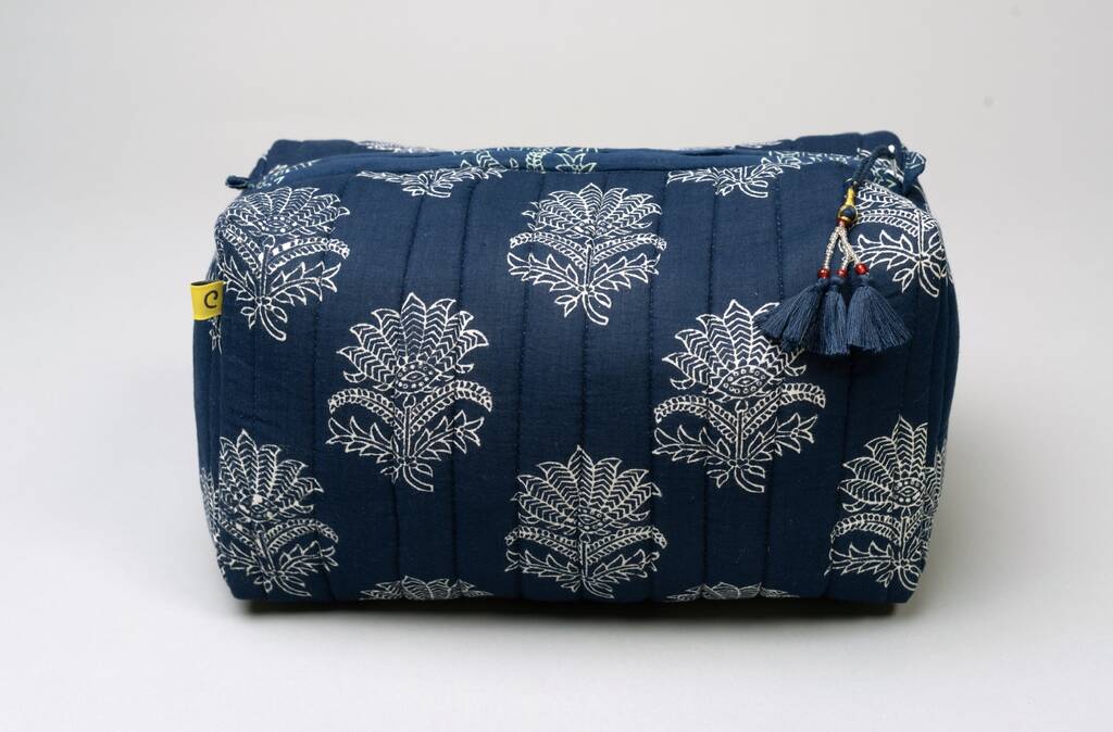 Fan Flower Pattern Indigo Cotton Wash Bag, 1 of 10