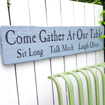 personalised 'come gather at our table' sign by potting 