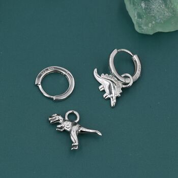 Sterling Silver Mismatched Dinosaur Dangle Hoop Earrings, 5 of 10