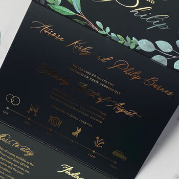 Eucalyptus Black Foiled Concertina Wedding Invitation, 3 of 8
